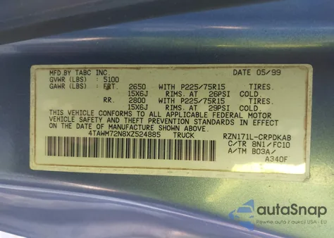 1999 Toyota Tacoma из США, поврежденный, VIN 4TAWM72N8XZ524885